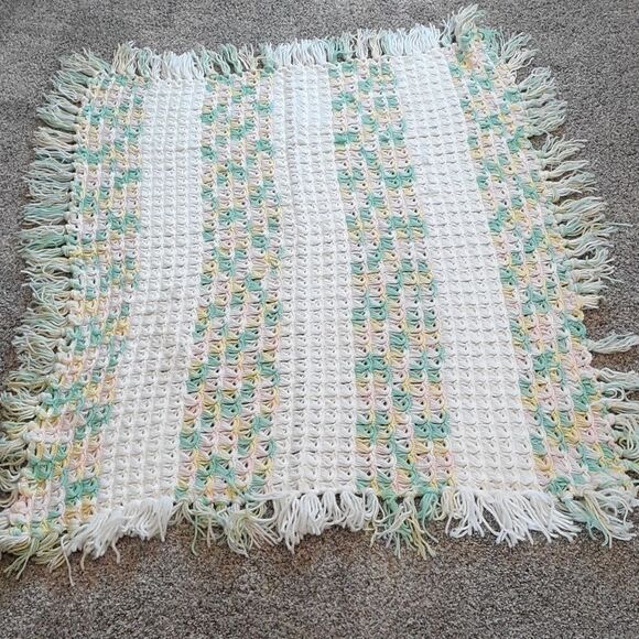 Beautiful afgan - green, yellow, pink, and white with long fringe along outside - Picture 1 of 5